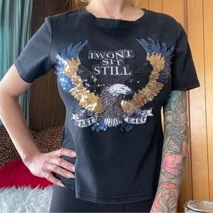Sequin eagle graphic cropped t shirt